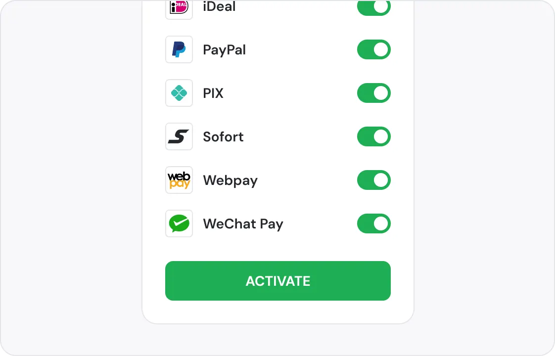 Admin panel showing active alternative payment methods