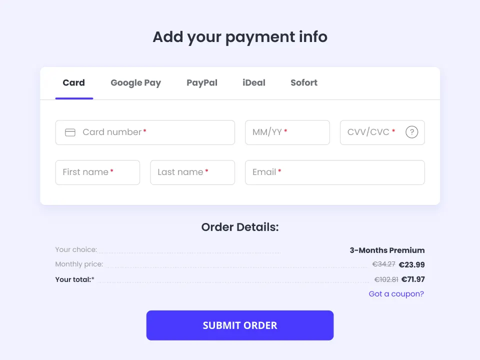 Payment form with checkout interface