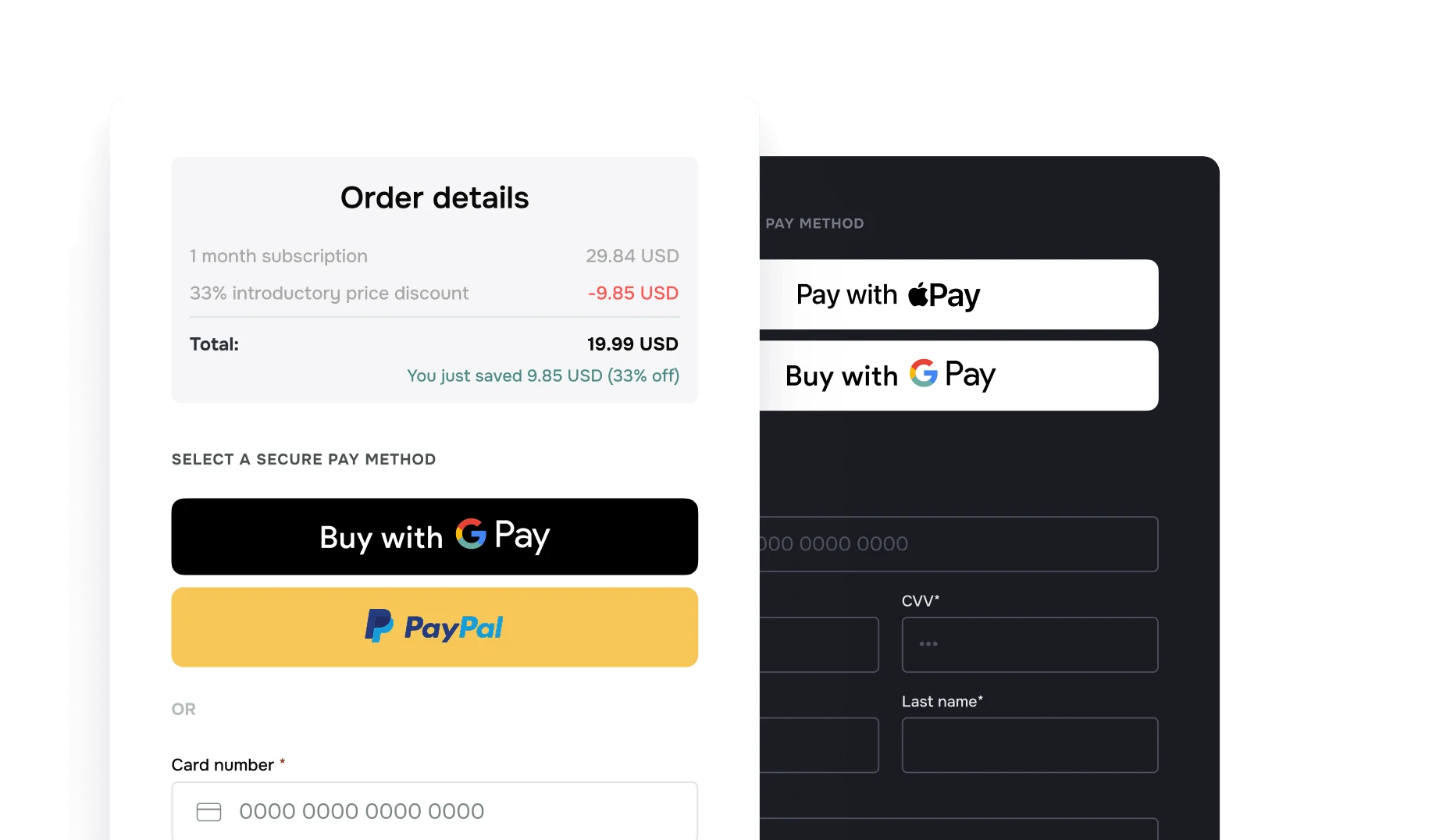 Payment form checkout interface with order details and card fields